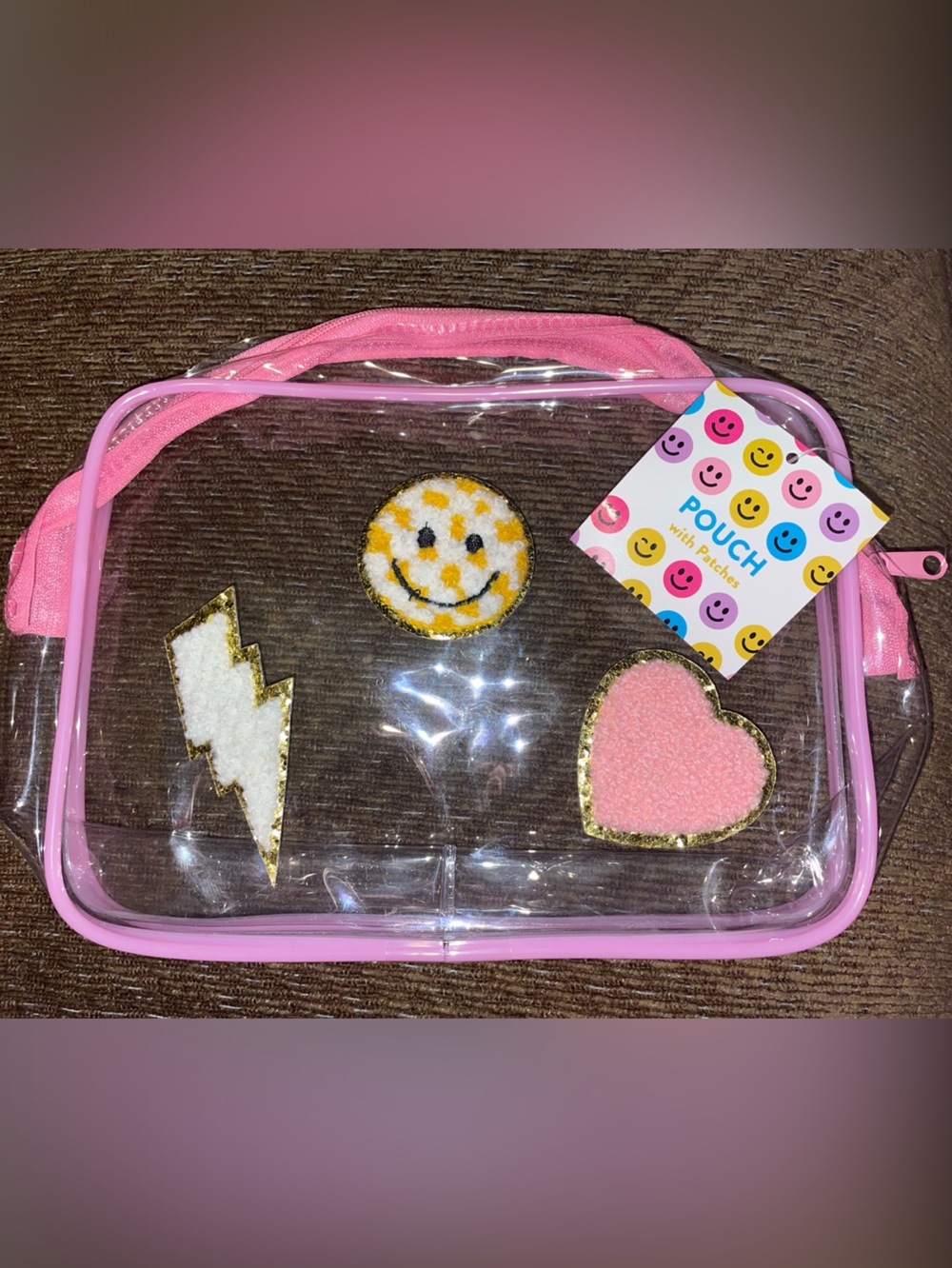 Clear Pink Trim Cosmetic Bag with Heart & Lightning Patches